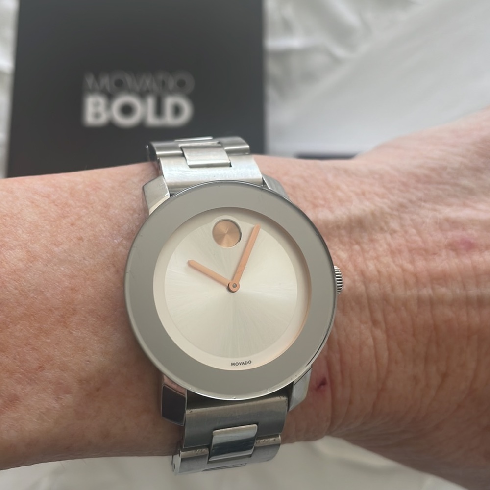 Movado Silver and Rose Gold Minimalist Bracelet Watch - Picture 4 of 8